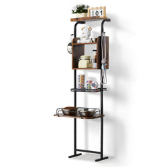 Black wood raised pet feeding station with adjustable height, storage shelves, and two bowls.