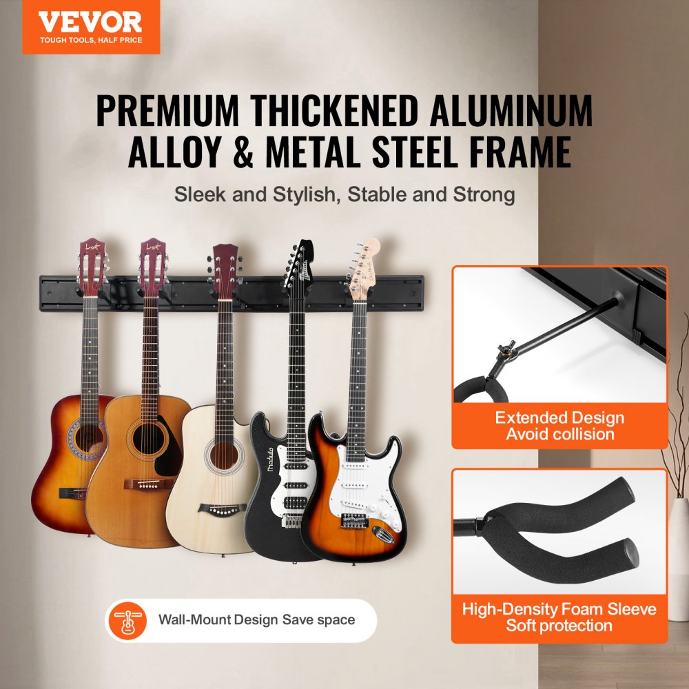 5-Space Guitar Stand Wall-Mounted Foldable Rack Hold Up to 5 Guitars