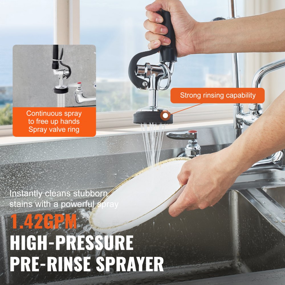 Commercial Faucet with Pre-Rinse Sprayer, 21" Height, 8" Center, 12" Swing Spout, Wall Mount Kitchen Sink Faucet, Brass Constructed Device with Pull Down Spray, for 1/2/3 Compartment Sink