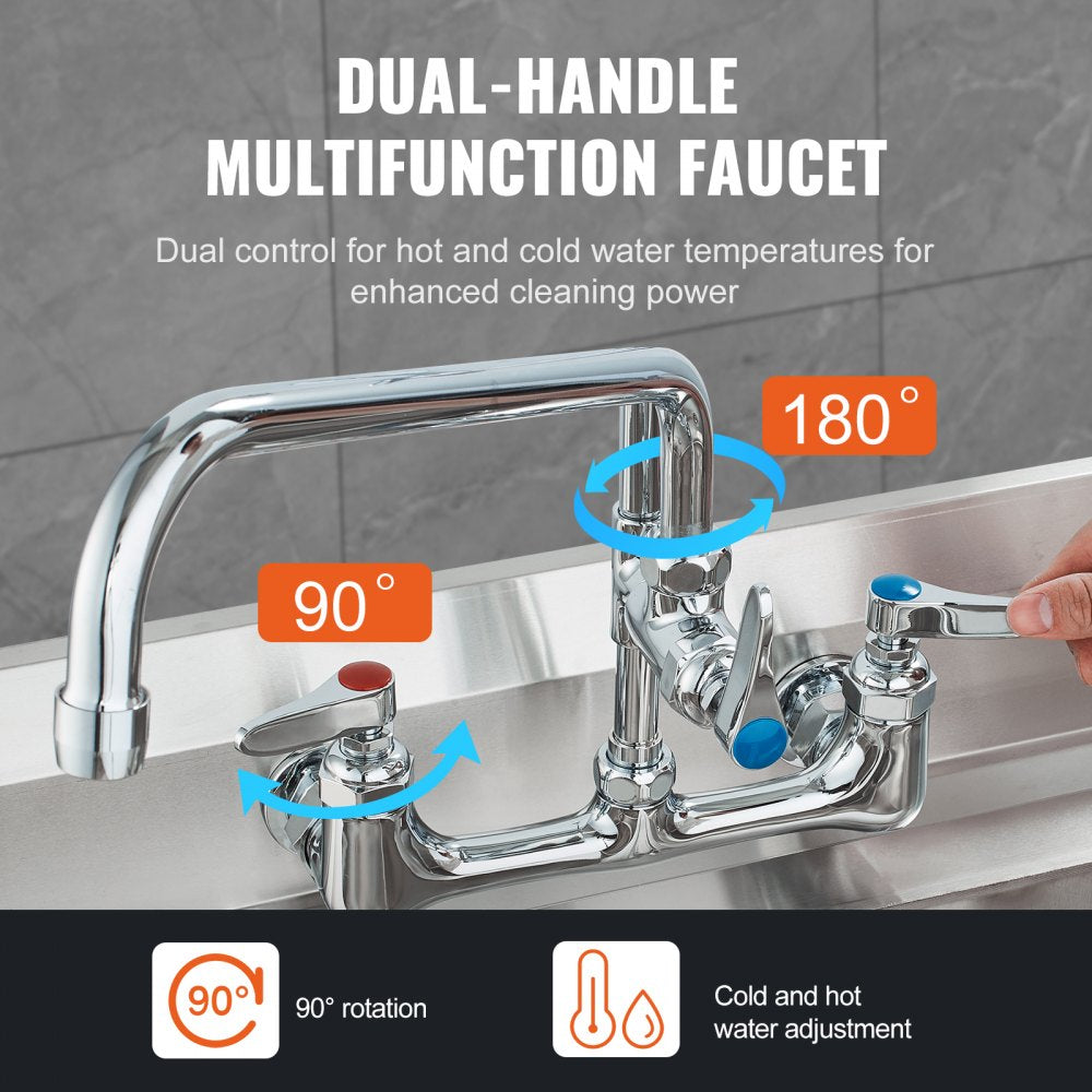 Commercial Faucet with Pre-Rinse Sprayer, 21" Height, 8" Center, 12" Swing Spout, Wall Mount Kitchen Sink Faucet, Brass Constructed Device with Pull Down Spray, for 1/2/3 Compartment Sink