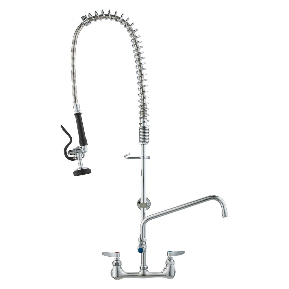 Commercial Faucet with Pre-Rinse Sprayer, 36" Height, 8" Center, 12" Swing Spout, Wall Mount Kitchen Sink Faucet, Brass Constructed Device with Pull Down Spray, for 1/2/3 Compartment Sink