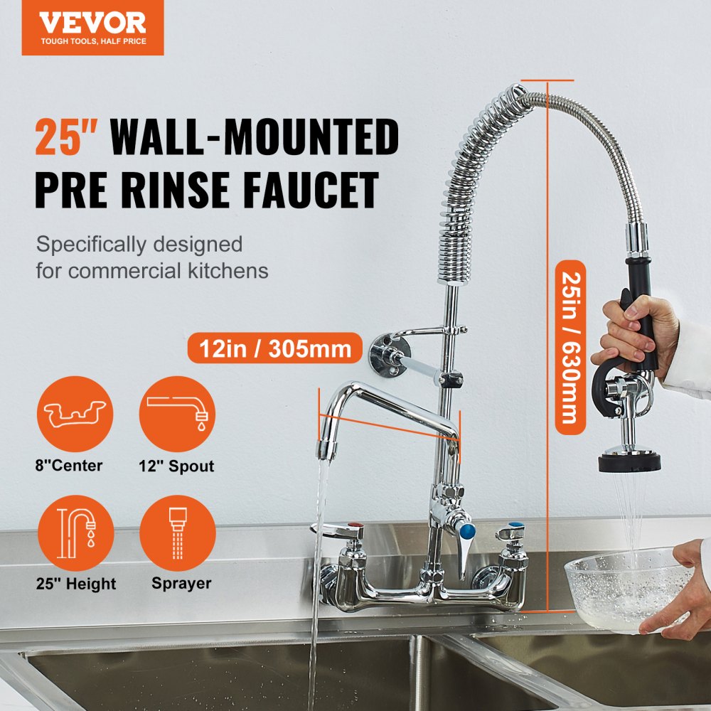 Commercial Faucet with Pre-Rinse Sprayer, 25" Height, 8" Center, 12" Swing Spout, Wall Mount Kitchen Sink Faucet, Brass Constructed Device with Pull Down Spray, for 1/2/3 Compartment Sink