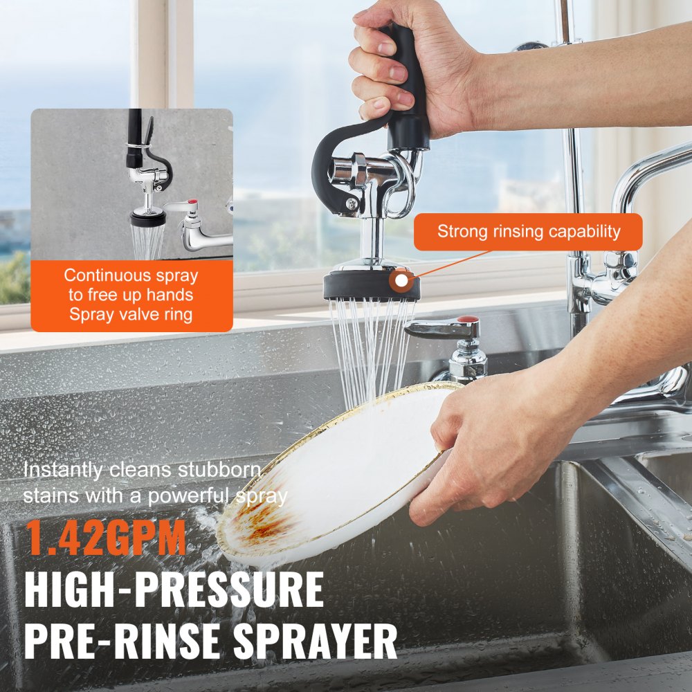 Commercial Faucet with Pre-Rinse Sprayer, 25" Height, 8" Center, 12" Swing Spout, Wall Mount Kitchen Sink Faucet, Brass Constructed Device with Pull Down Spray, for 1/2/3 Compartment Sink