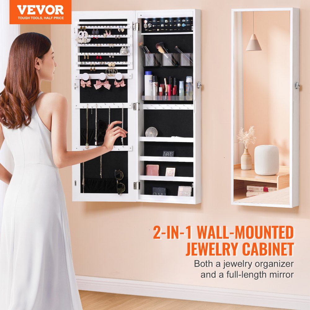 Mirror Jewelry Cabinet 42.52in Lockable Wall or Door Mounted Armoire White
