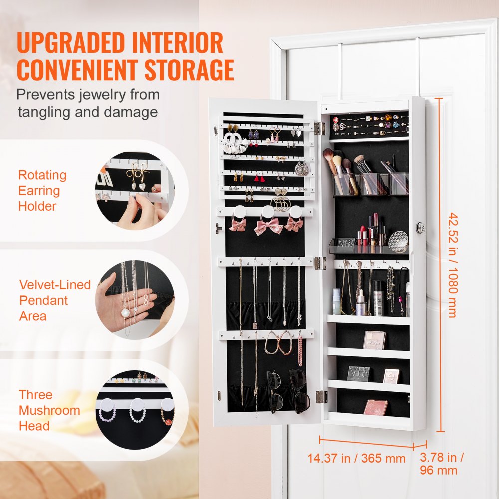 Mirror Jewelry Cabinet 42.52in Lockable Wall or Door Mounted Armoire White