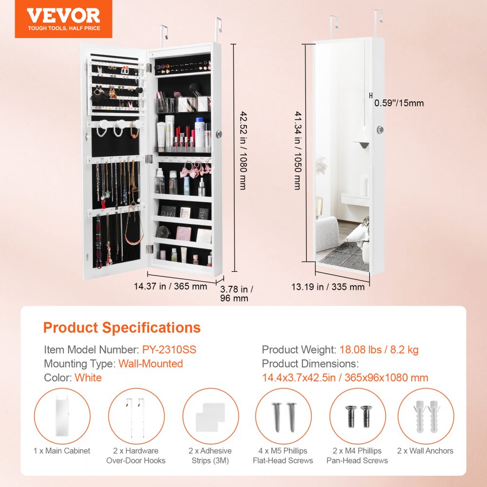 Mirror Jewelry Cabinet 42.52in Lockable Wall or Door Mounted Armoire White