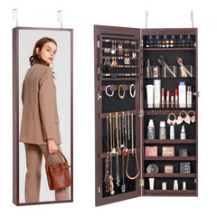 Brown lockable mirror jewelry cabinet armoire, 42.5 inches tall, with open door showing earring slots, necklace hooks, and drawers.