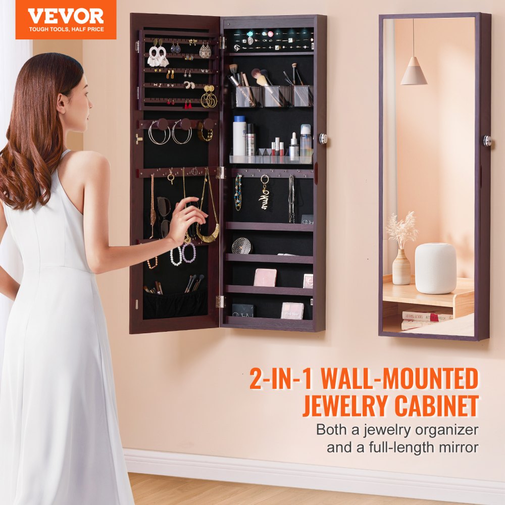 A 42.5-inch brown lockable wall-mounted jewelry cabinet with a full-length mirror and internal organizers.