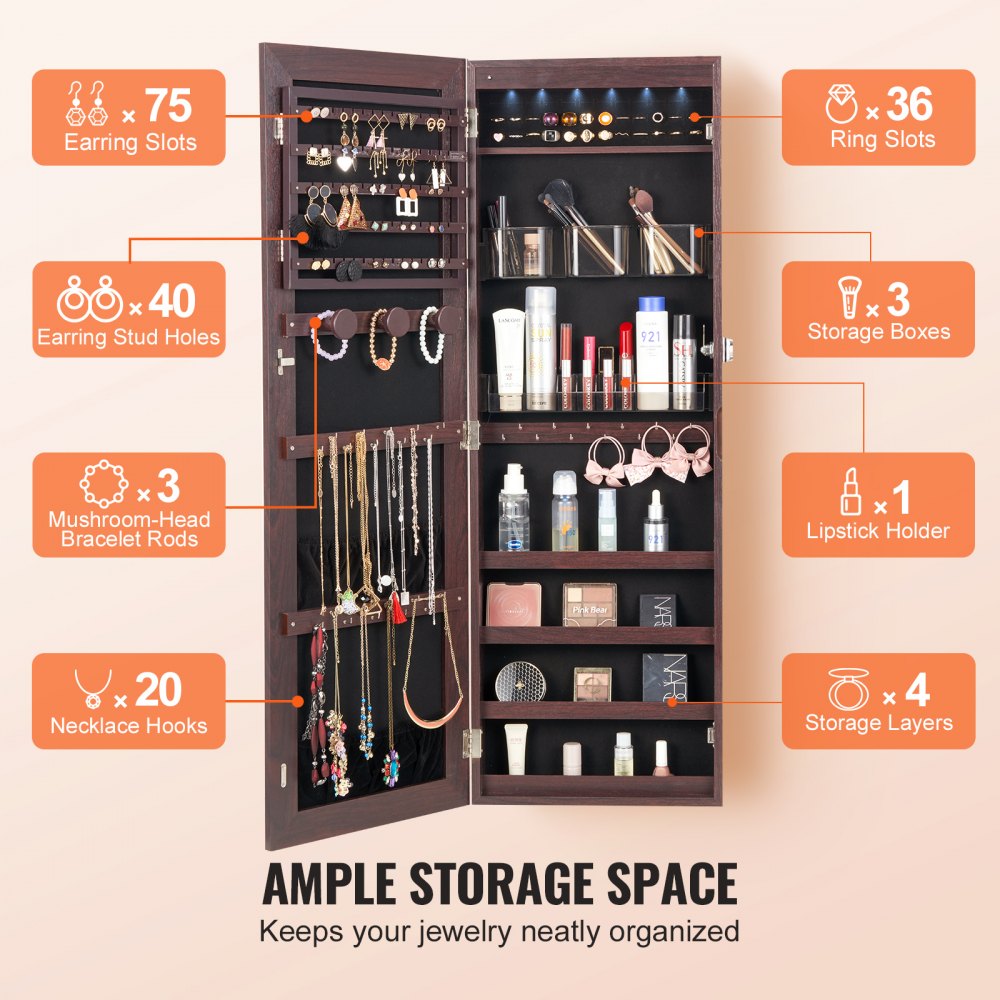 Brown lockable mirror jewelry armoire with 75 earring slots, 36 ring slots, and ample storage.