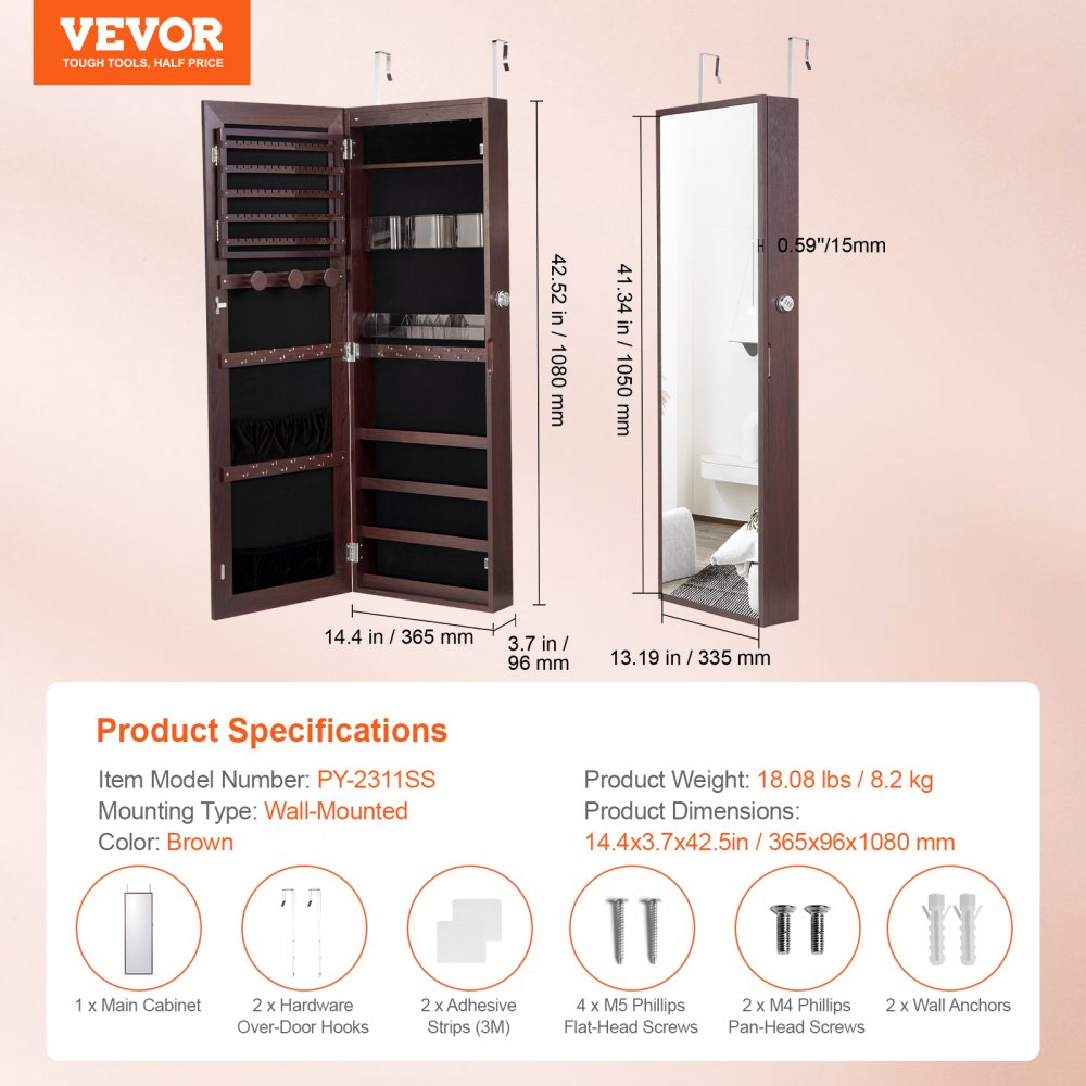Brown lockable mirror jewelry cabinet armoire, 42.5 inches tall, wall-mounted.