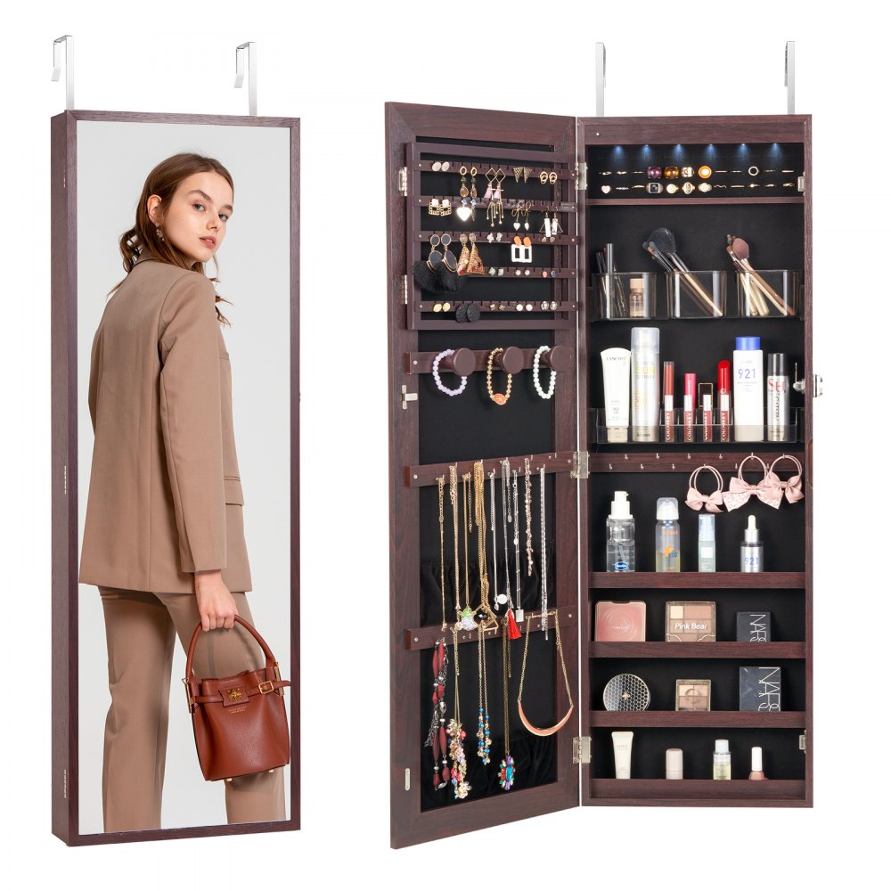 Brown lockable mirror jewelry cabinet armoire, 42.5 inches tall, with open door showing earring slots, necklace hooks, and drawers.