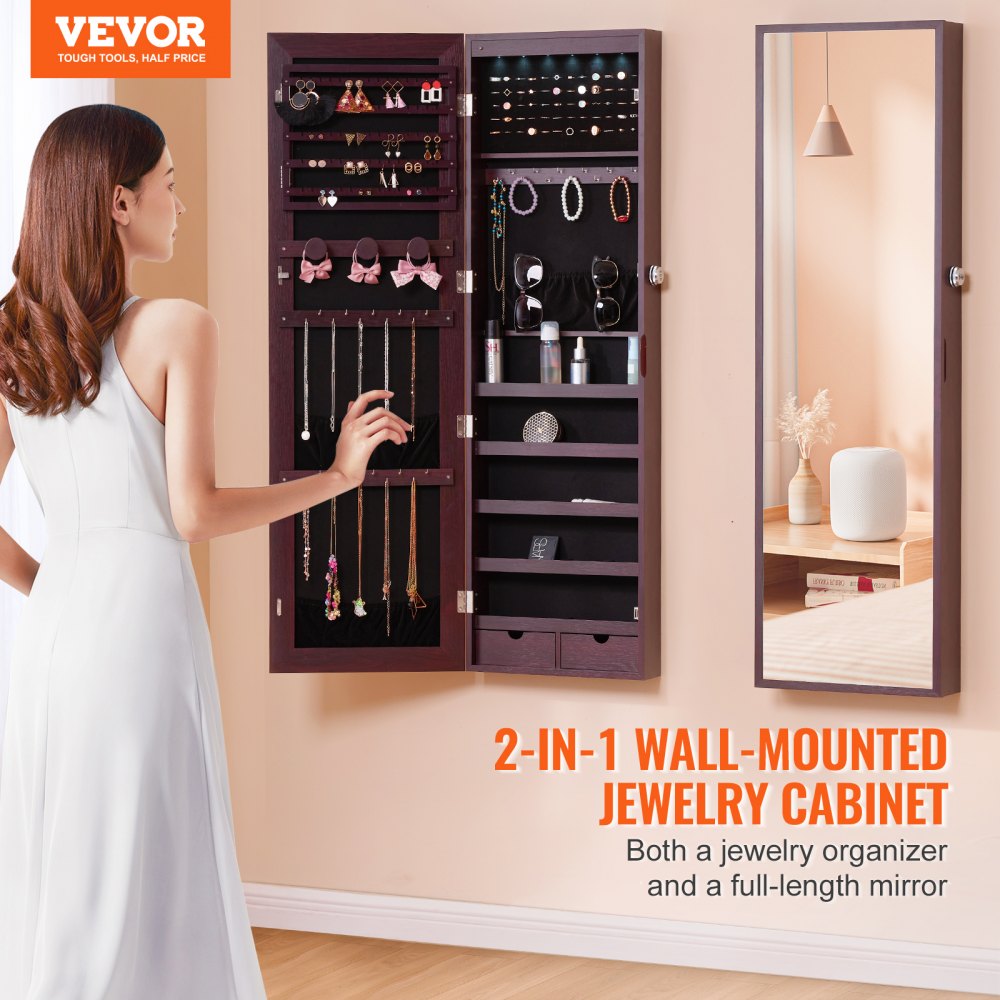 Mirror Jewelry Cabinet 47.05in Lockable Wall or Door Mounted Armoire Brown