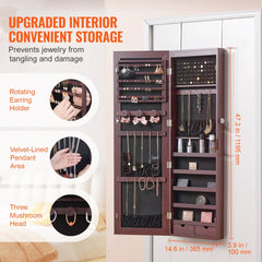 Mirror Jewelry Cabinet 47.05in Lockable Wall or Door Mounted Armoire Brown