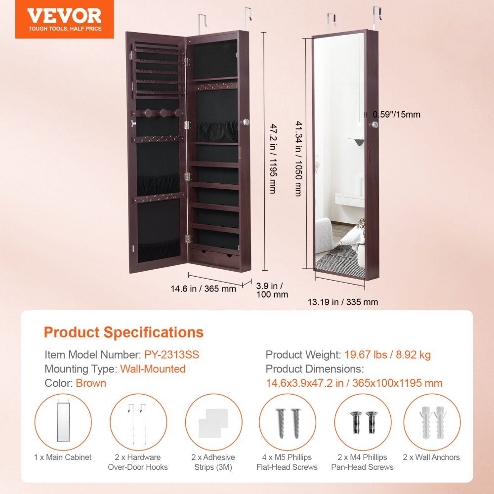 Mirror Jewelry Cabinet 47.05in Lockable Wall or Door Mounted Armoire Brown