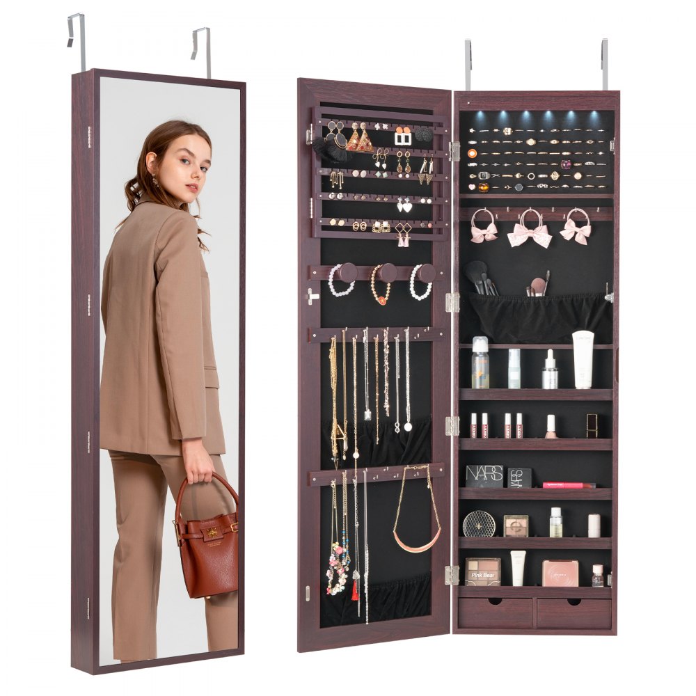 Mirror Jewelry Cabinet 47.05in Lockable Wall or Door Mounted Armoire Brown