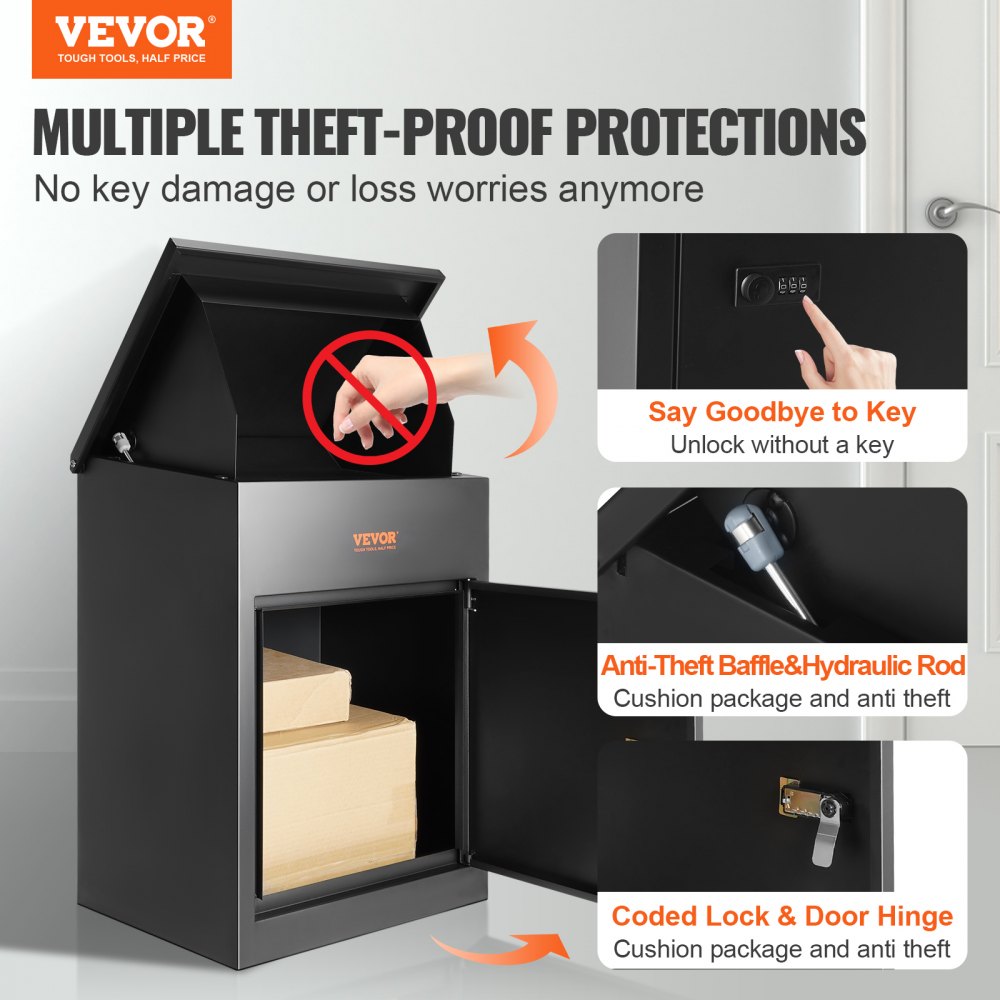 Package Delivery Boxes for Outside, Extra Large Mailbox with Coded Lock, Galvanized Steel Wall Mounted Mailboxes 17.3"x13.8"x22.8", Anti-Theft Baffle, IPX3 Waterproof for Porch, Curbside