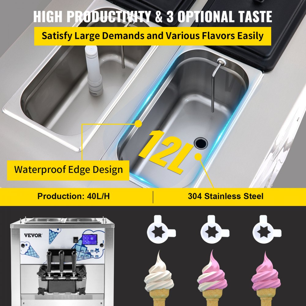 Commercial Ice Cream Machine with Two 12L Hoppers Soft Serve Machine with 3 Flavors Commercial Ice Cream Maker 2500W Compressor Soft Ice Cream Machine with LCD Panel for Restaurants Snack Bar