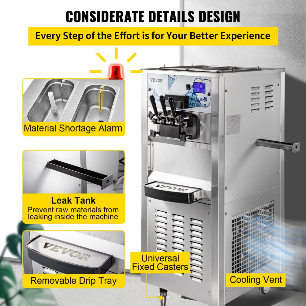 Commercial Ice Cream Machine with Two 12L Hoppers Soft Serve Machine with 3 Flavors Commercial Ice Cream Maker 2500W Compressor Soft Ice Cream Machine with LCD Panel for Restaurants Snack Bar