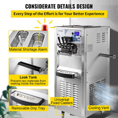 Commercial Ice Cream Machine with Two 12L Hoppers Soft Serve Machine with 3 Flavors Commercial Ice Cream Maker 2500W Compressor Soft Ice Cream Machine with LCD Panel for Restaurants Snack Bar