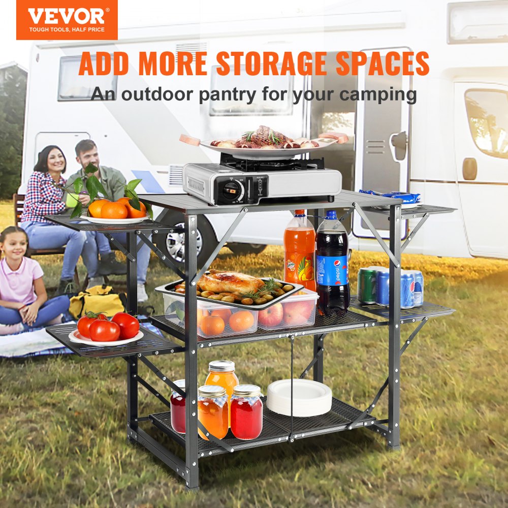 Camping Kitchen Table, One-piece Folding Portable Cook Station with A Carrying Bag, Aluminum Camping Table 4 Iron Side Tables & 2 Shelves, Ideal for Outdoor Picnics, BBQs, Camping, RV Traveling