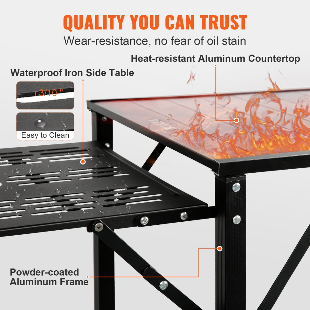 Camping Kitchen Table, One-piece Folding Portable Cook Station with A Carrying Bag, Aluminum Camping Table 4 Iron Side Tables & 2 Shelves, Ideal for Outdoor Picnics, BBQs, Camping, RV Traveling