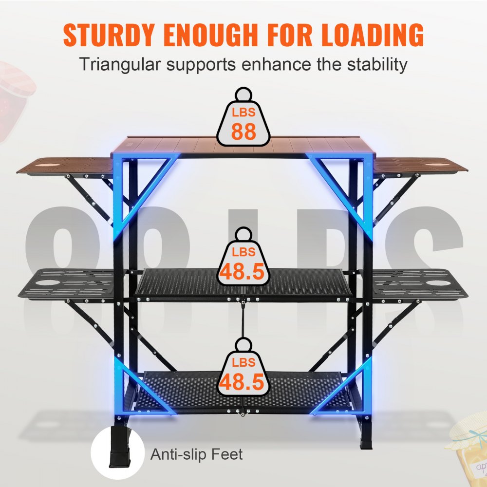 Camping Kitchen Table, One-piece Folding Portable Cook Station with A Carrying Bag, Aluminum Camping Table 4 Iron Side Tables & 2 Shelves, Ideal for Outdoor Picnics, BBQs, Camping, RV Traveling