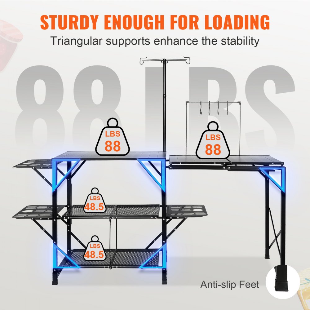 Camping Kitchen Table, One-piece Folding Portable Cook Station with A Carrying Bag, Long Aluminum Camping Table 3 Side Tables, 2 Shelves & A Detachable Sink for Outdoor Picnics, BBQs, Camping