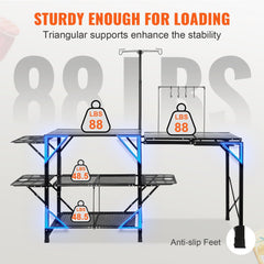 Camping Kitchen Table, One-piece Folding Portable Cook Station with A Carrying Bag, Long Aluminum Camping Table 3 Side Tables, 2 Shelves & A Detachable Sink for Outdoor Picnics, BBQs, Camping