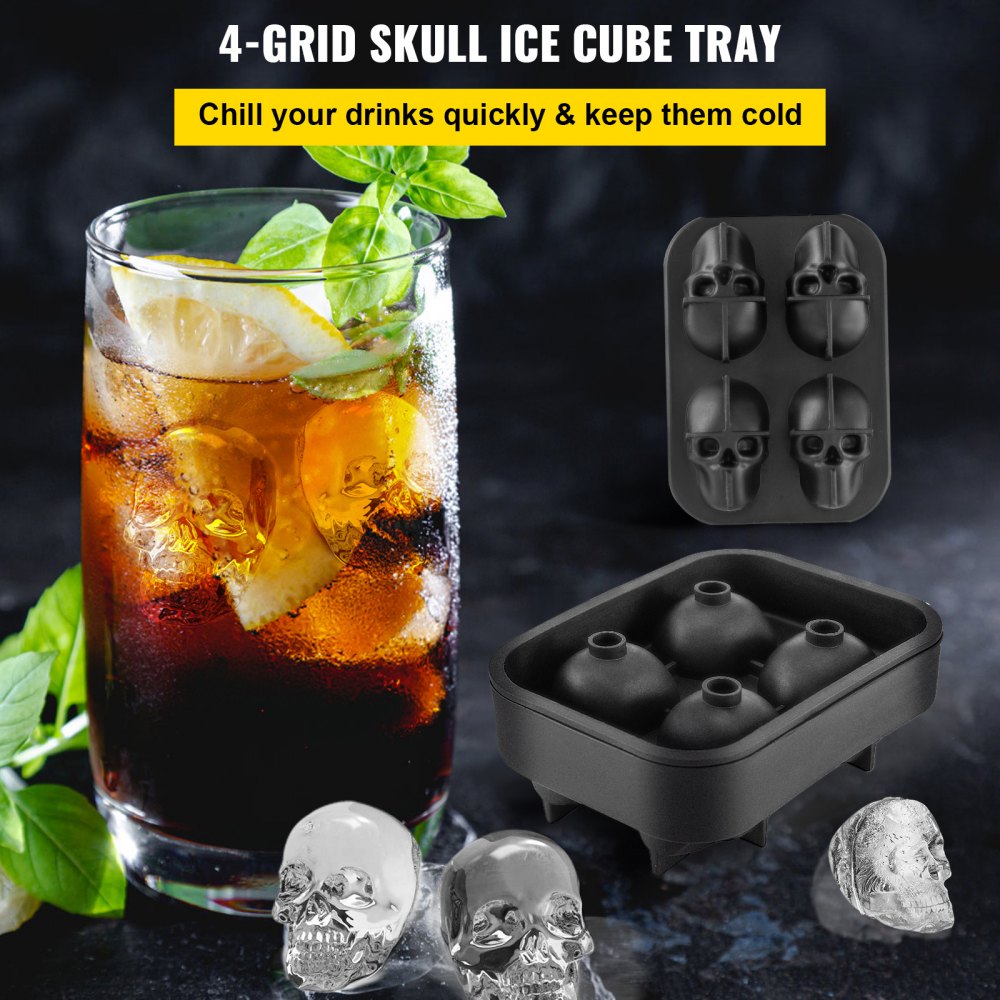 Skull Ice Cube Tray, 4-Grid Skull Ice Ball Maker, Flexible Black Silicone Ice Tray with Lid & Funnel, Funny Skull Ice Cubes 1.6"x1.8" Each for Beverage, Chocolate, etc. on Parties & Holidays