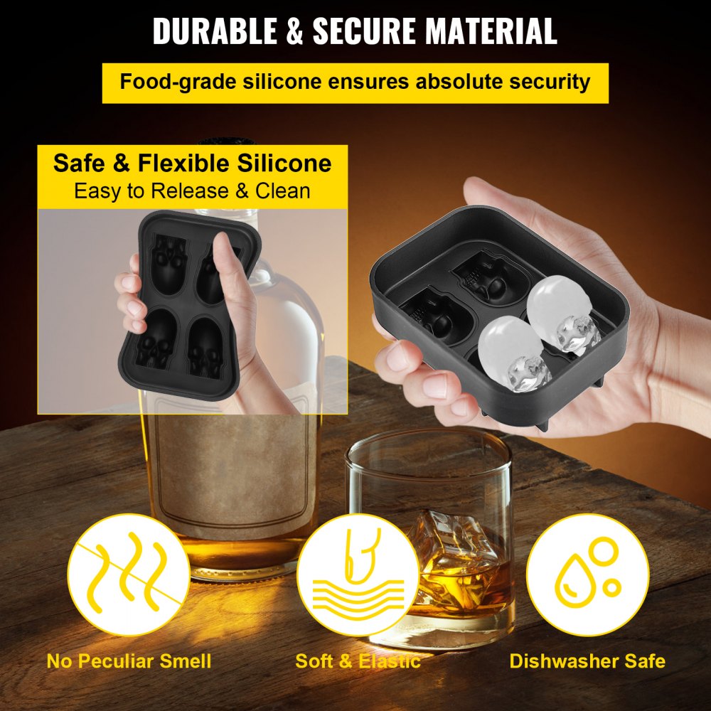 Skull Ice Cube Tray, 4-Grid Skull Ice Ball Maker, Flexible Black Silicone Ice Tray with Lid & Funnel, Funny Skull Ice Cubes 1.6"x1.8" Each for Beverage, Chocolate, etc. on Parties & Holidays