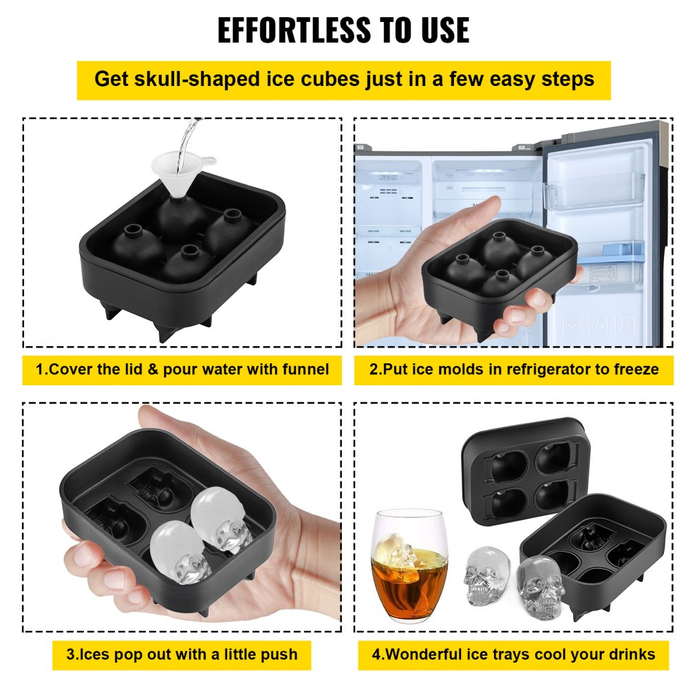 Skull Ice Cube Tray, 4-Grid Skull Ice Ball Maker, Flexible Black Silicone Ice Tray with Lid & Funnel, Funny Skull Ice Cubes 1.6"x1.8" Each for Beverage, Chocolate, etc. on Parties & Holidays