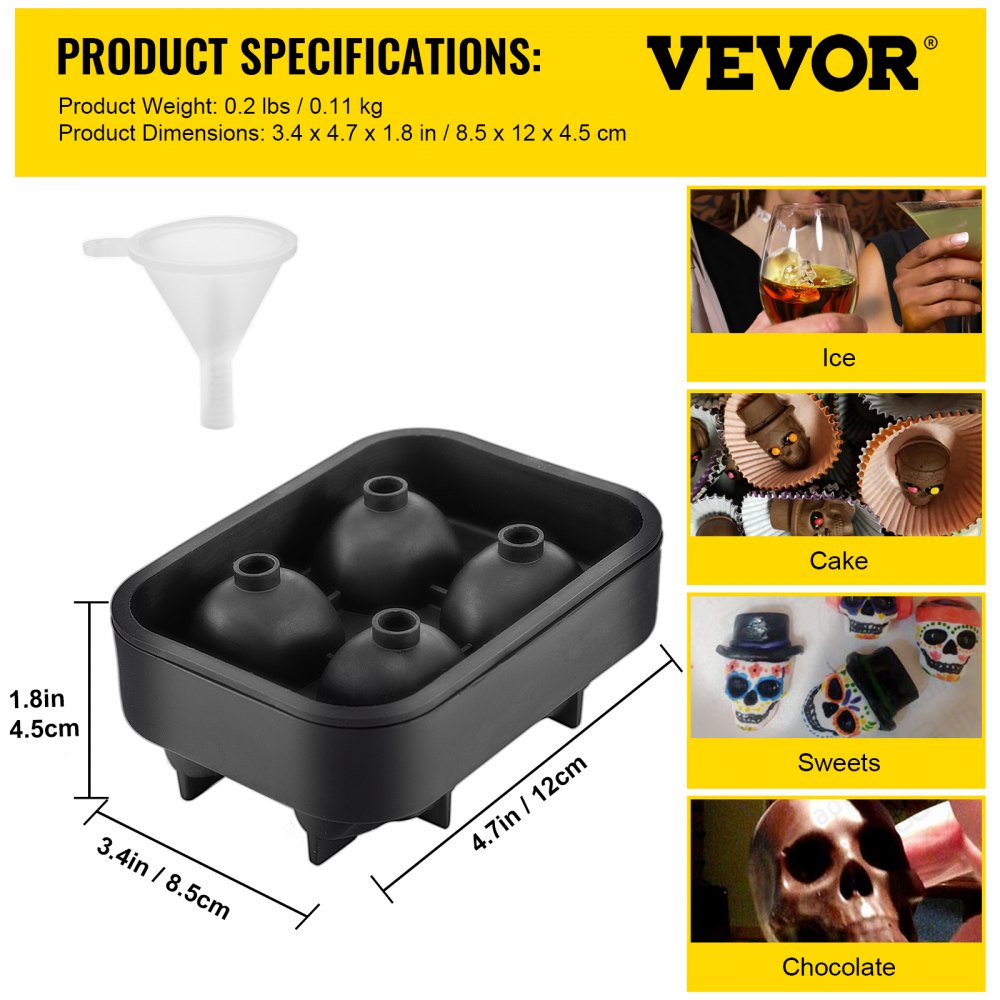 Skull Ice Cube Tray, 4-Grid Skull Ice Ball Maker, Flexible Black Silicone Ice Tray with Lid & Funnel, Funny Skull Ice Cubes 1.6"x1.8" Each for Beverage, Chocolate, etc. on Parties & Holidays
