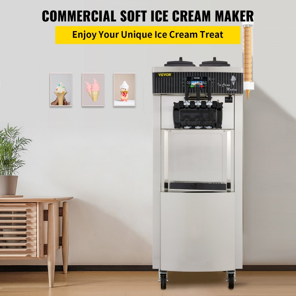 Commercial Soft Ice Cream Machine, 2200W Serve Yogurt Maker, 3 Flavors Ice Cream Maker, 5.3 to 7.4 Gallons per Hour Auto Clean LCD Panel for Restaurants Snack Bars, Stainless Steel