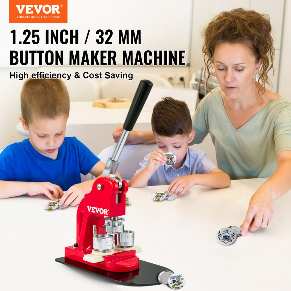 A red 1.25-inch VEVOR button maker machine kit with a mother and son using it on a table.