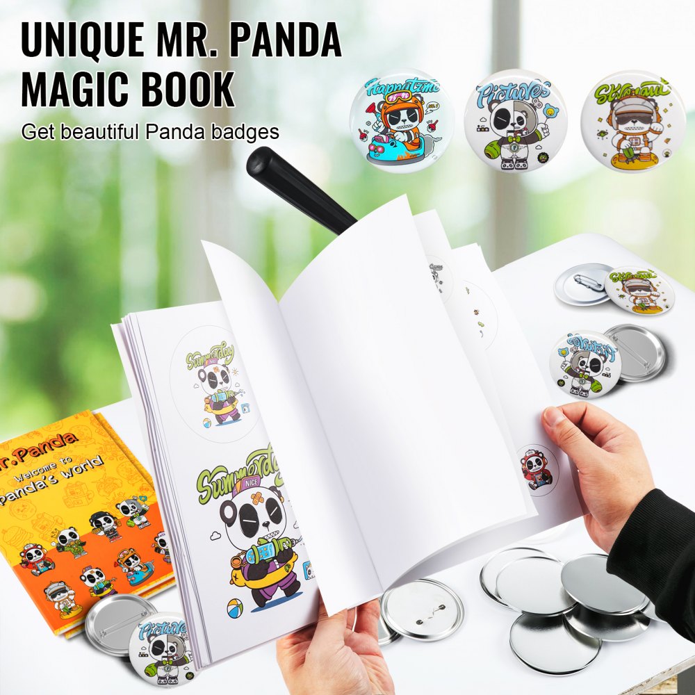 1.25-inch button maker kit with 500 parts, including press, dies, cutter, and panda pattern book.