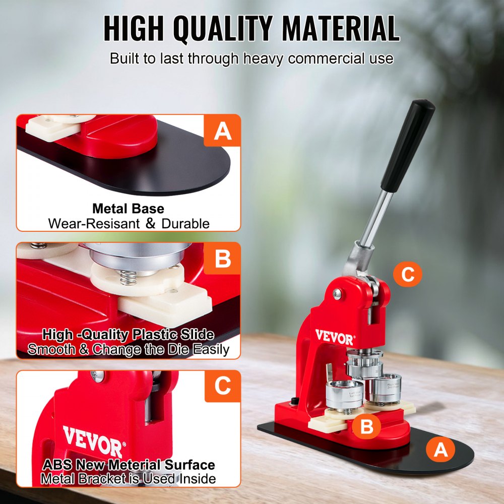 Red VEVOR button maker machine with metal base, plastic slide, and labeled parts A, B, C.