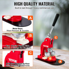 Red VEVOR button maker machine with metal base, plastic slide, and labeled parts A, B, C.