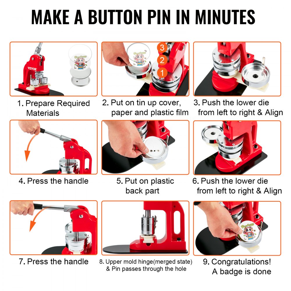 1.25-inch button maker kit with red press machine, 500 parts, and step-by-step assembly instructions.