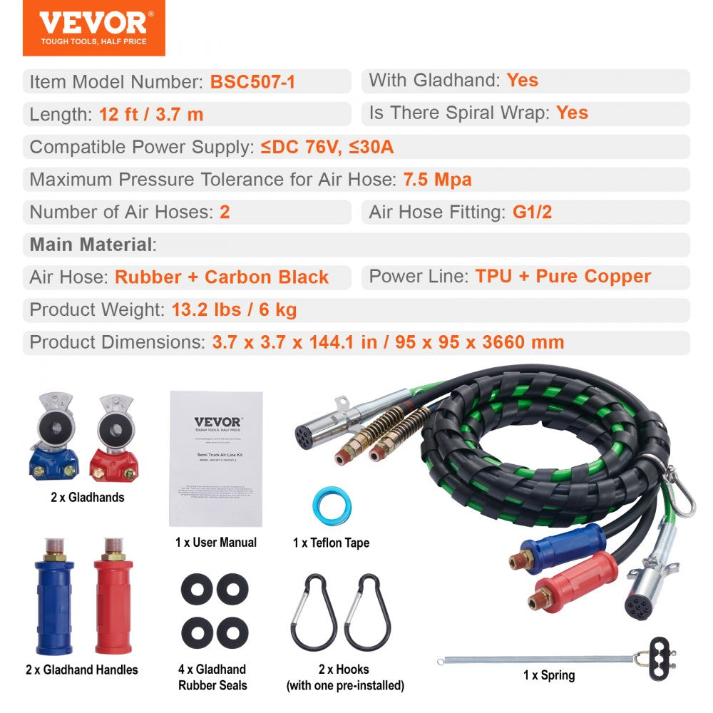 12FT Semi Truck Air Lines Kit with 2PCS Glad Hands, 3-in-1 Air Hoses & 7 Way ABS Electric Power Line, with 2PCS Gladhand Handles, 4PCS Seals and Tender Spring Kit for Semi Truck Trailer Tractor