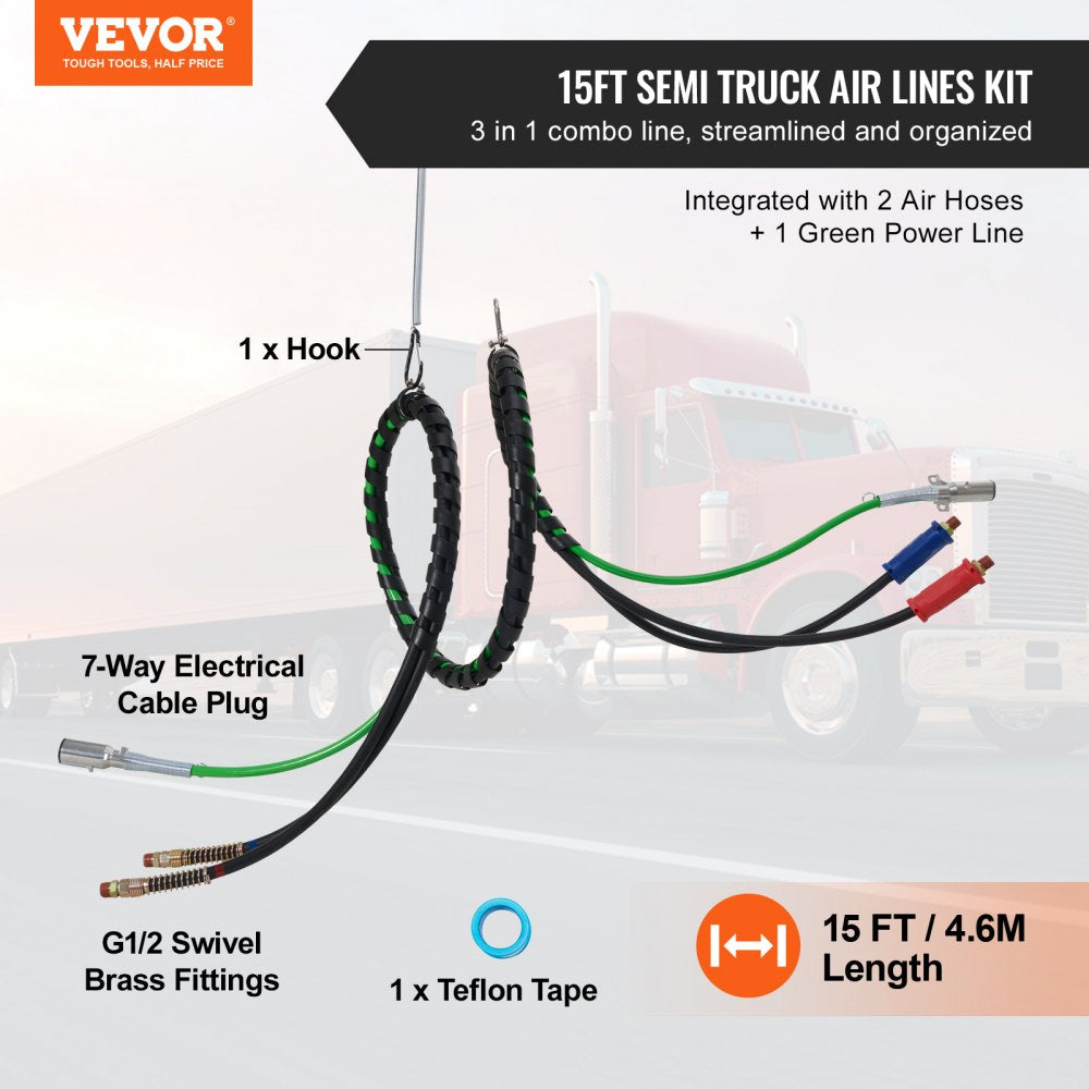 12FT Semi Truck Air Lines Kit, 3-in-1 Air Hoses & ABS Power Line for Semi Truck Trailer Tractor, 7-Way Plug Electrical Cord Cable and Rubber Air Lines Hose Assembly Kit with Hook & Teflon Tape