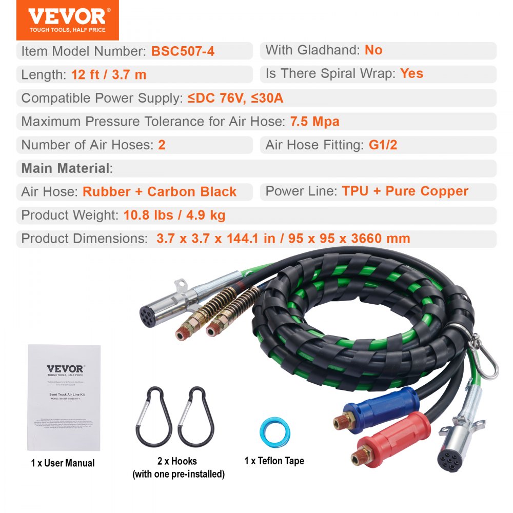 12FT Semi Truck Air Lines Kit, 3-in-1 Air Hoses & ABS Power Line for Semi Truck Trailer Tractor, 7-Way Plug Electrical Cord Cable and Rubber Air Lines Hose Assembly Kit with Hook & Teflon Tape