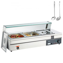 3-Pan Commercial Food Warmer, 3 x 12QT Electric Steam Table with Tempered Glass Cover, 1500W Countertop Stainless Steel Buffet Bain Marie 86-185°F Temp Control for Catering, Restaurants, Silver