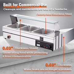 3-Pan Commercial Food Warmer, 3 x 12QT Electric Steam Table with Tempered Glass Cover, 1500W Countertop Stainless Steel Buffet Bain Marie 86-185°F Temp Control for Catering, Restaurants, Silver