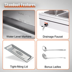 3-Pan Commercial Food Warmer, 3 x 12QT Electric Steam Table with Tempered Glass Cover, 1500W Countertop Stainless Steel Buffet Bain Marie 86-185°F Temp Control for Catering, Restaurants, Silver