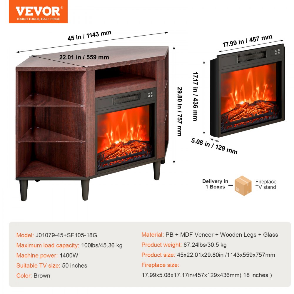 Electric Fireplace TV Stand Corner TV Stand for TVs up to 50" Brown