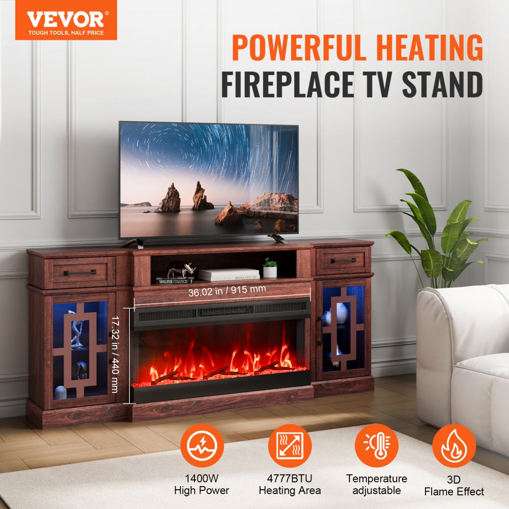 80" Fireplace TV Stand with 20 LED Lights Remote Control & Timer Brown