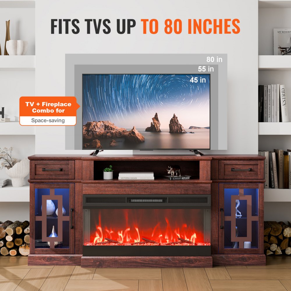 80" Fireplace TV Stand with 20 LED Lights Remote Control & Timer Brown