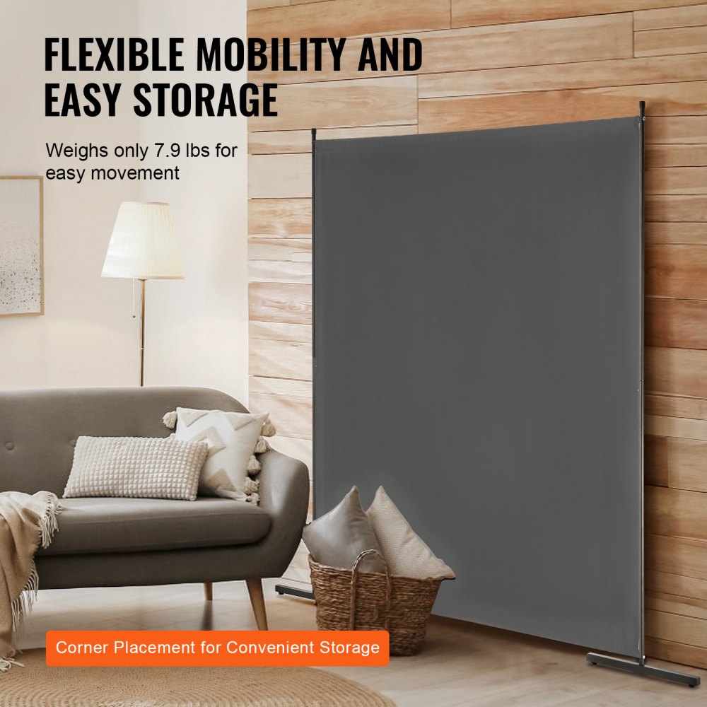 6FT Room Divider Single Panel Fabric Room Screen for Office Bedroom Grey