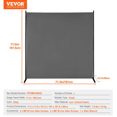 6FT Room Divider Single Panel Fabric Room Screen for Office Bedroom Grey