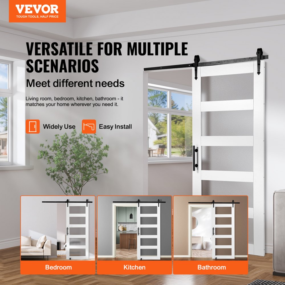 Barn Door and Hardware Kit, 32" x 84" Wood and Glass Sliding Barn Door, Smoothly and Quietly, Barn Door Kit with 8-in-1 Floor Guide and Door Handle, Spruce Wood Slab and Frosted Glass